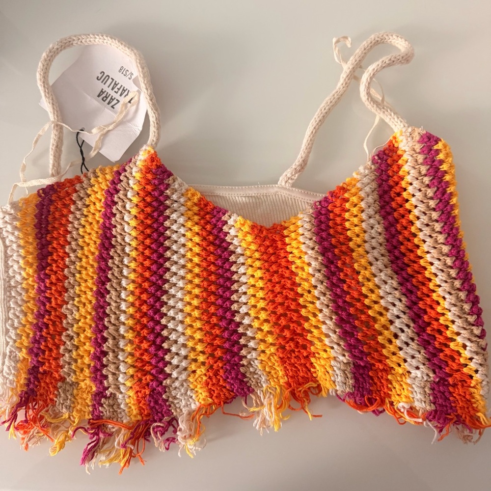 Zara Multicolor Crochet Knit Top - Orange, Yellow, Pink, Cream